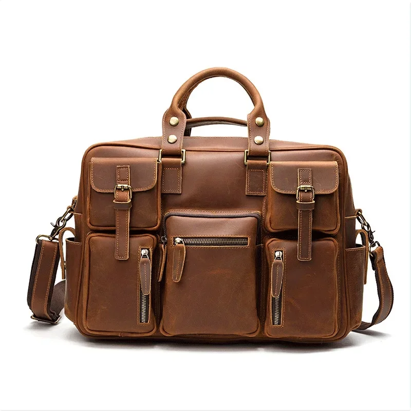 Leather Handbag Retro Men's Top Layer Cowhide Briefcase Large Capacity Travel Bag Laptop Shoulder Leather Messenger Bag