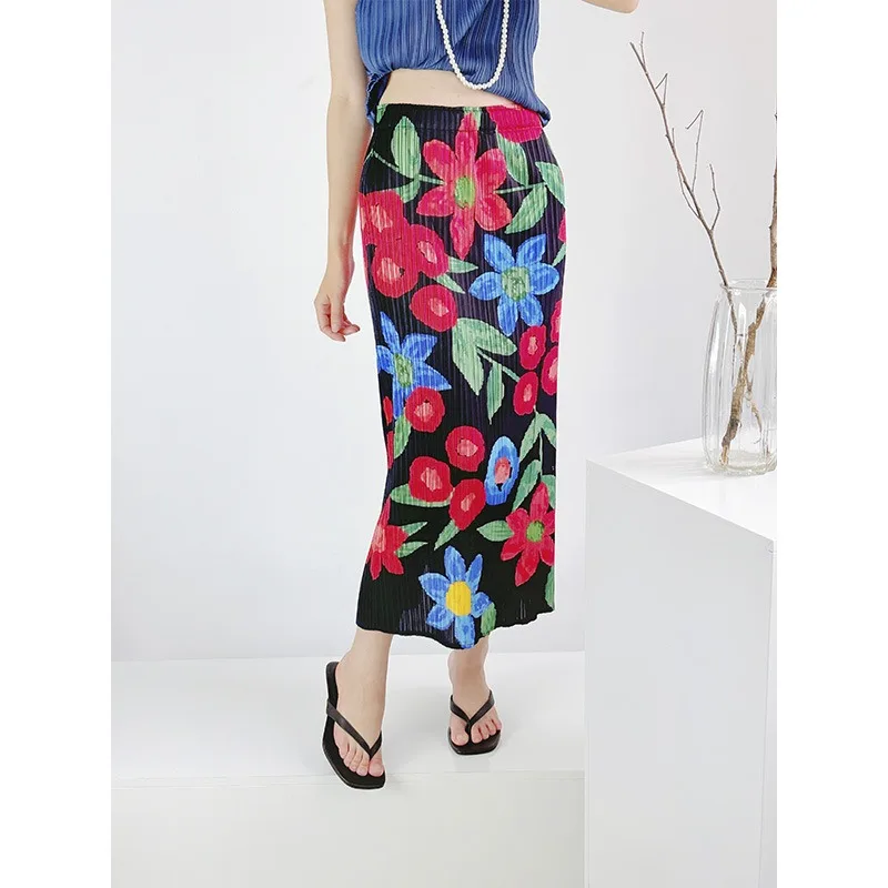 Plisse Miyake 2025 Spring Summer New Printed Half-skirt Back Open Fork Temperament Thin Versatile Women's Casual Resort Skirt