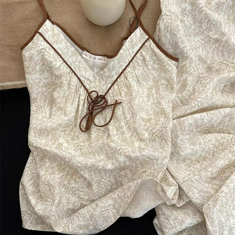 New Chinese Retro Premium Summer Suspender with Chest Pad Pajamas Women  Vest Loungewear Trousers Set National Style Ventilate