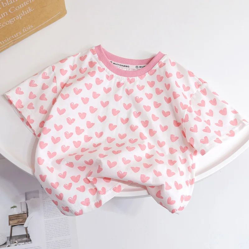 

Girls' Short SleeveTT-shirt Summer New Baby Girl Fashionable Summer Clothing Children's Peach Heart Half-Length Sleeve Versatile