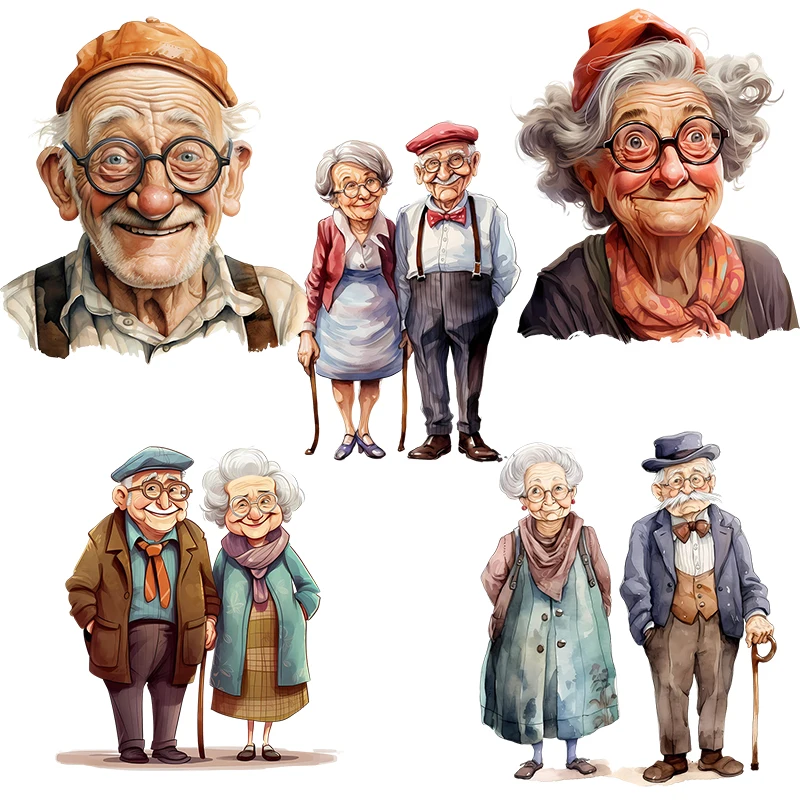 Three Ratels QB29 Kind and friendly old lady and grandfather nostalgic watercolor art cartoon stickers for home decoration