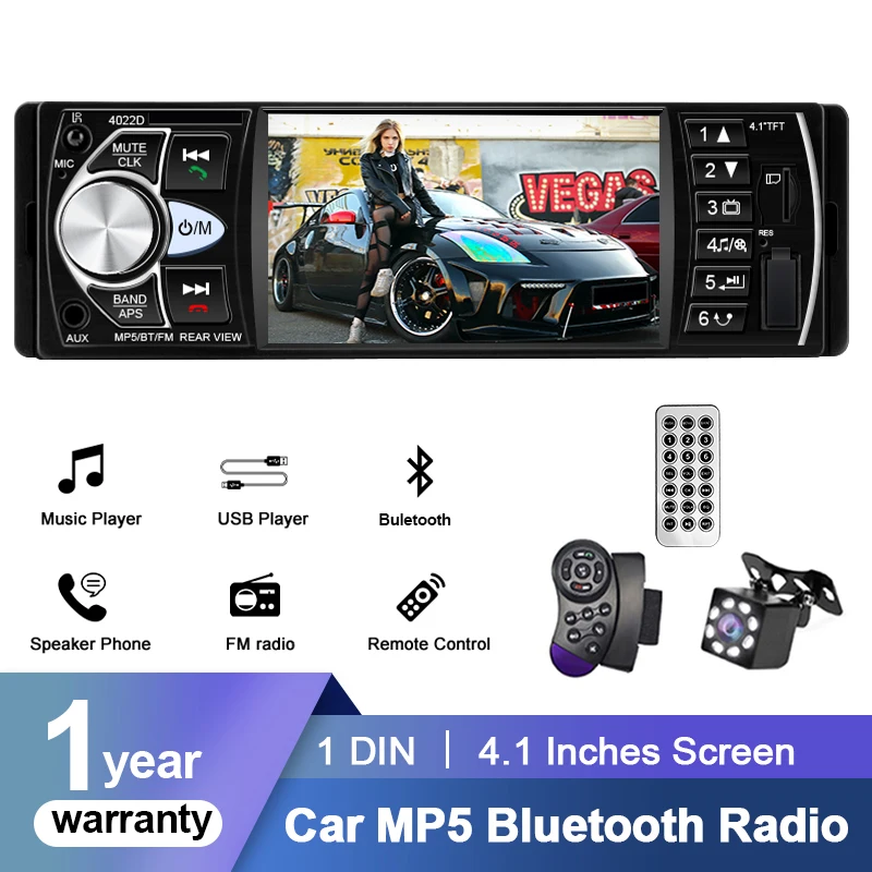 hippcron-1din-カーラジオステレオ、41インチ-mp3-bluetooth-fm-usbプレーヤー、リアビューとステアリングホイールコントロール対応