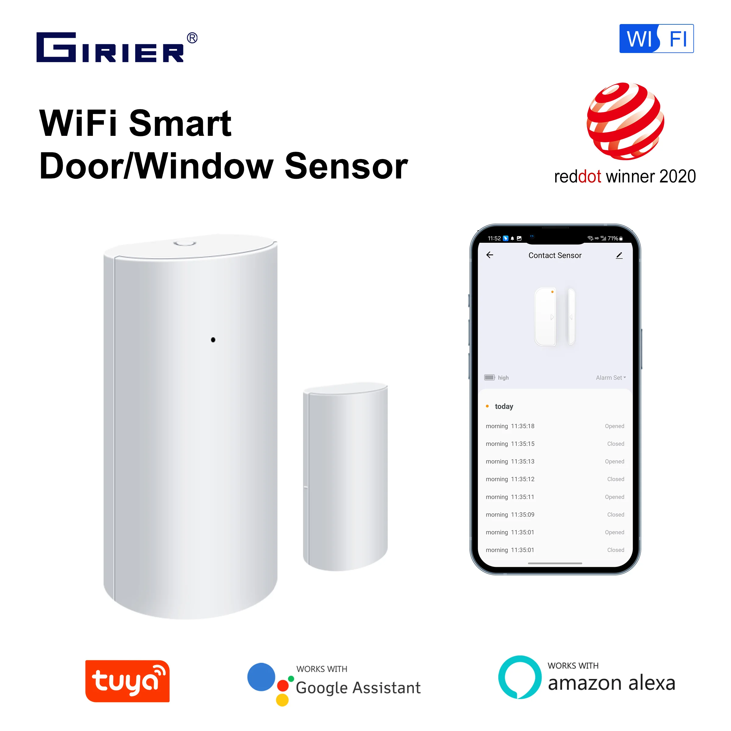 

GIRIER Tuya WiFi Smart Door and Window Sensor Wireless Contact Detector for Home Automation and Security System No Hub Required