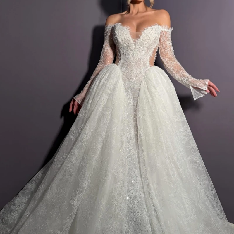 

Luxury White Dubai Arabic Mermaid Wedding Dresses Applique Lace Beads Tull Court Train Wedding Dress Bridal Gowns vestidos de