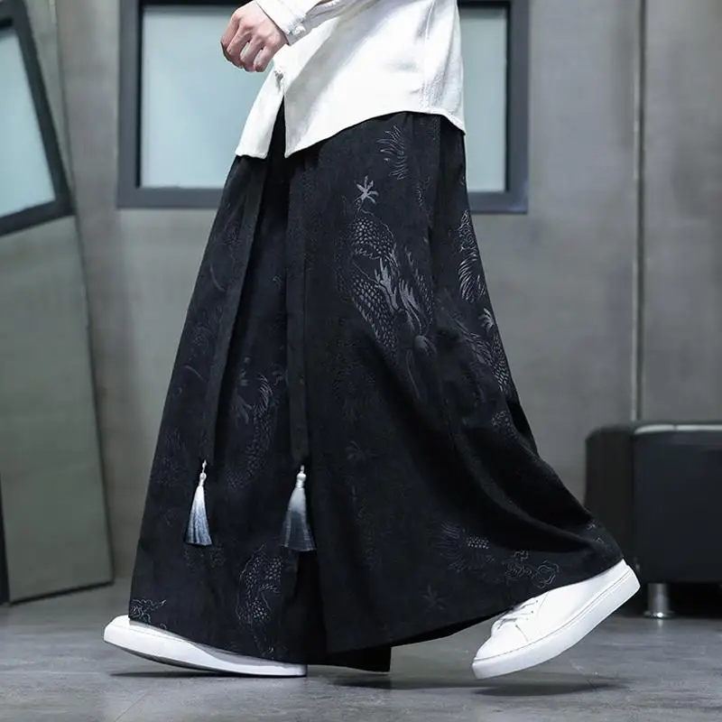 

Dragon Pattern Hanfu Men's Wide Leg Sports Pants Loose Fit Casual Long Trousers Youth Faion Velvet Anti-Wrinkle