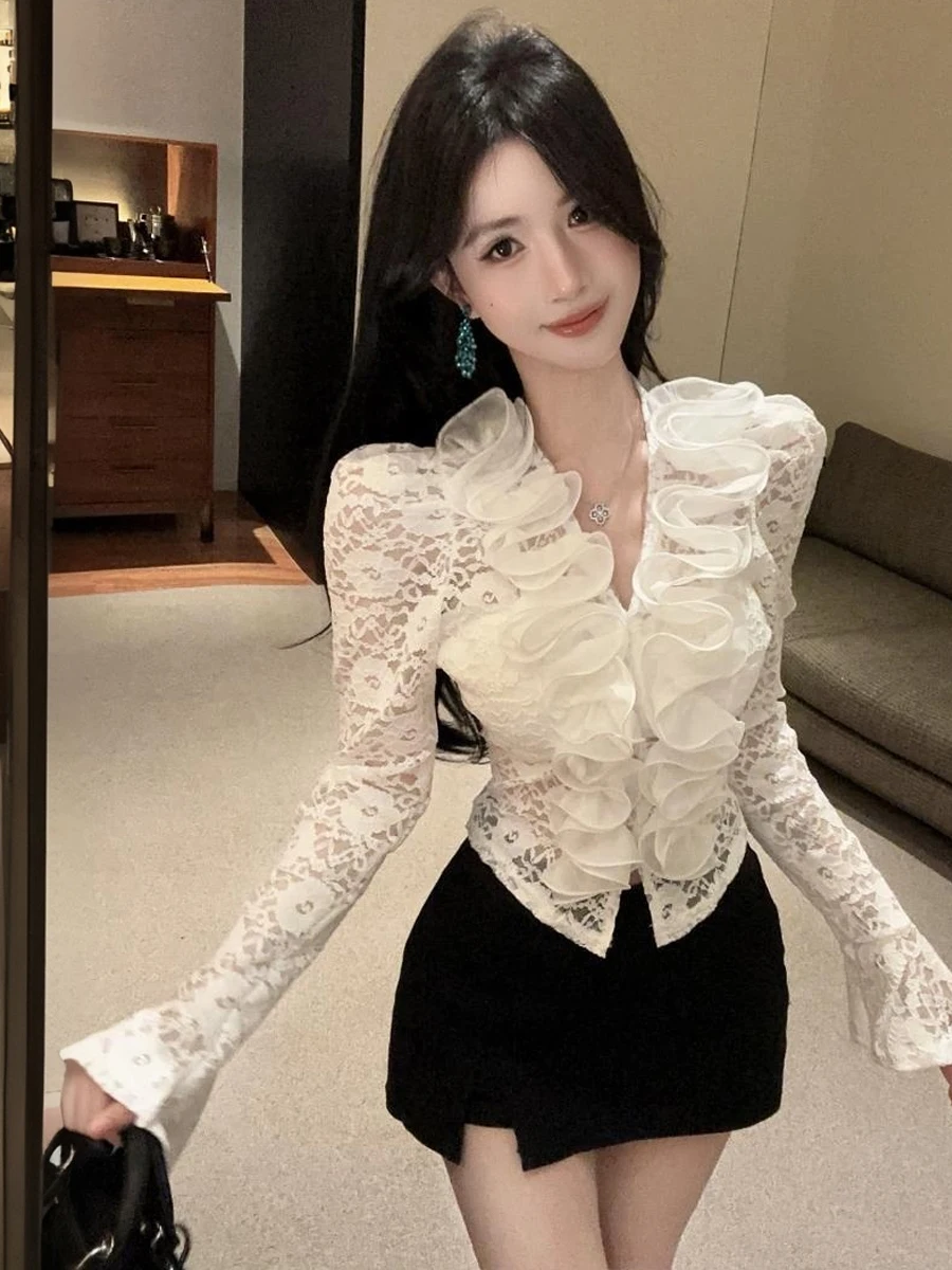 Slim Fit Lace Bell Sleeve High Waist Wrap around Skirt Two Piece Set V Neck Court Style Floral Embellished Top And Bottom