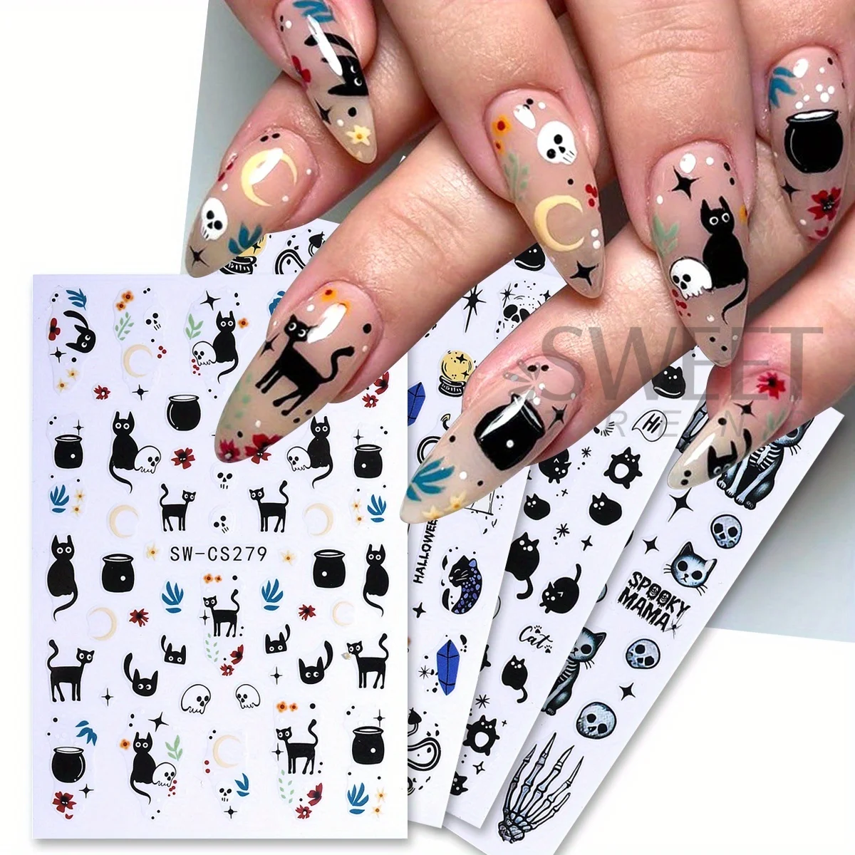 4pcs Kawaii Black Cat Nail Art Decals Skull Spooky Design Adorable Halloween Theme Foils Wraps DIY Holiday Manicure Sticker Tips