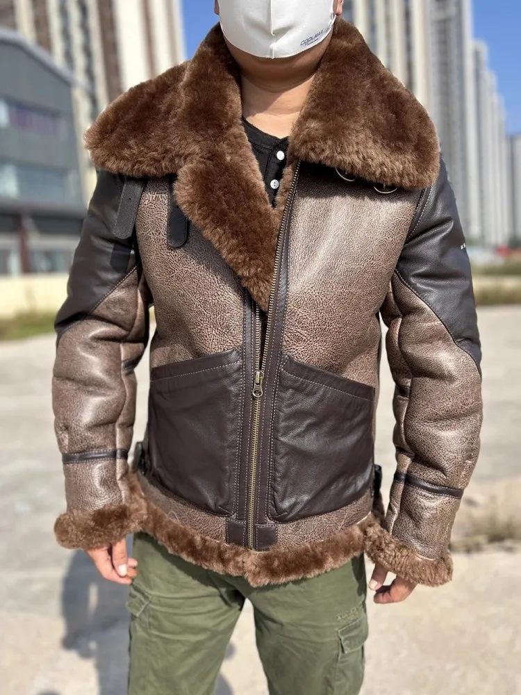 Winter Mens Real Fur Pilot Short Jacket Mixed Colors Thicken Warm Wool Motorcycle Genuine Leather Coat Male Shearling Jackets