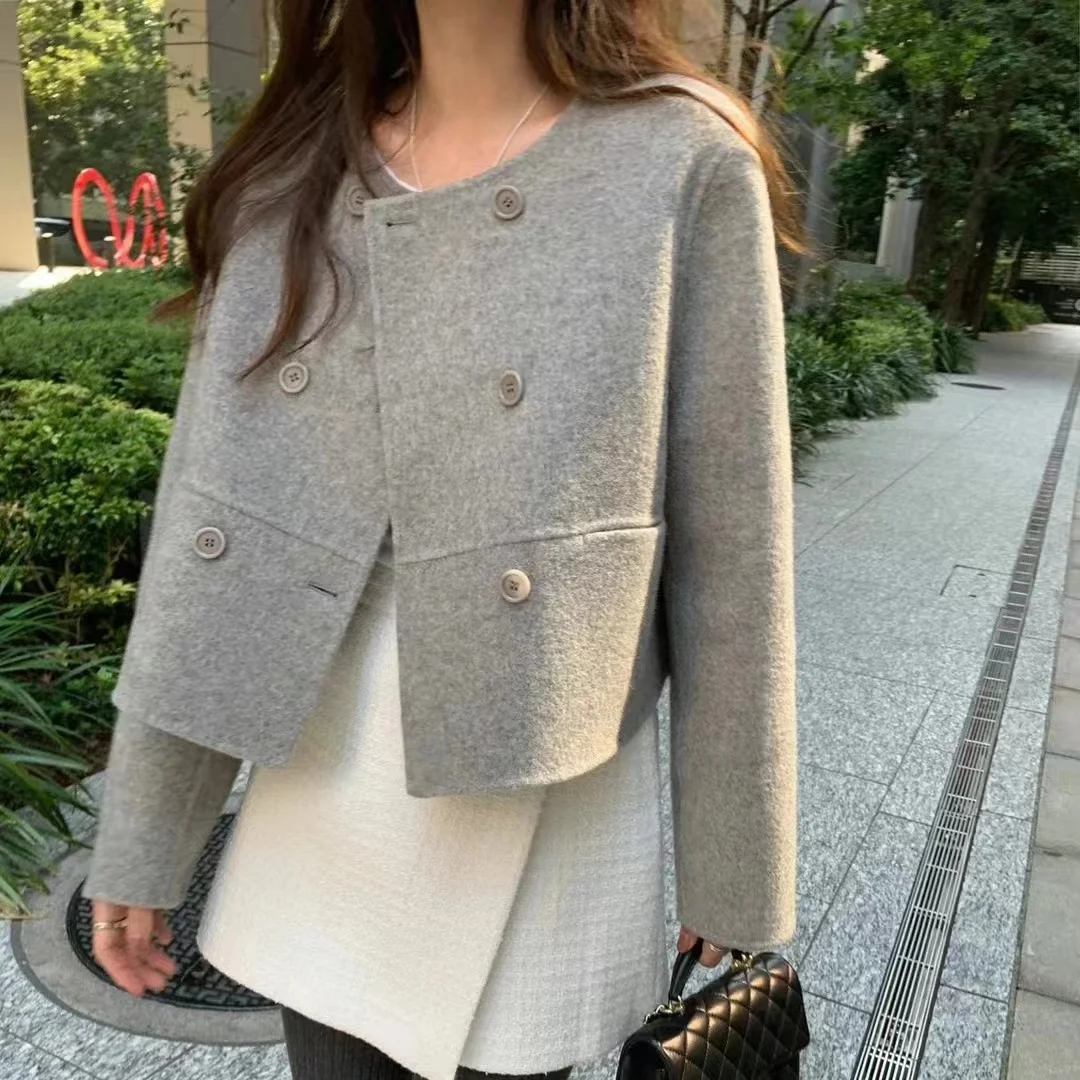 Elegant Retro round Neck Double Buttoned Short Woolen Jacket for Women Dongda Gate Style Commute Polyester Fiber Long Sleeve
