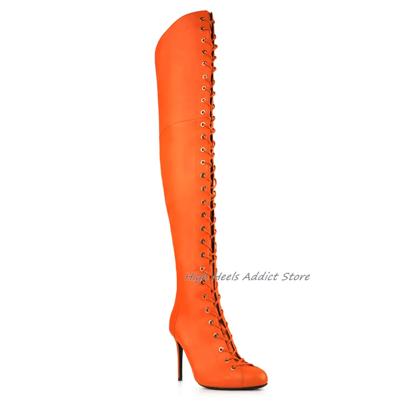 Round Toe Lace up Thigh High Boots Leather Zip Orange/Red Suede Over Knee Boot Big Size Sexy Luxury Designer Shoes for Women