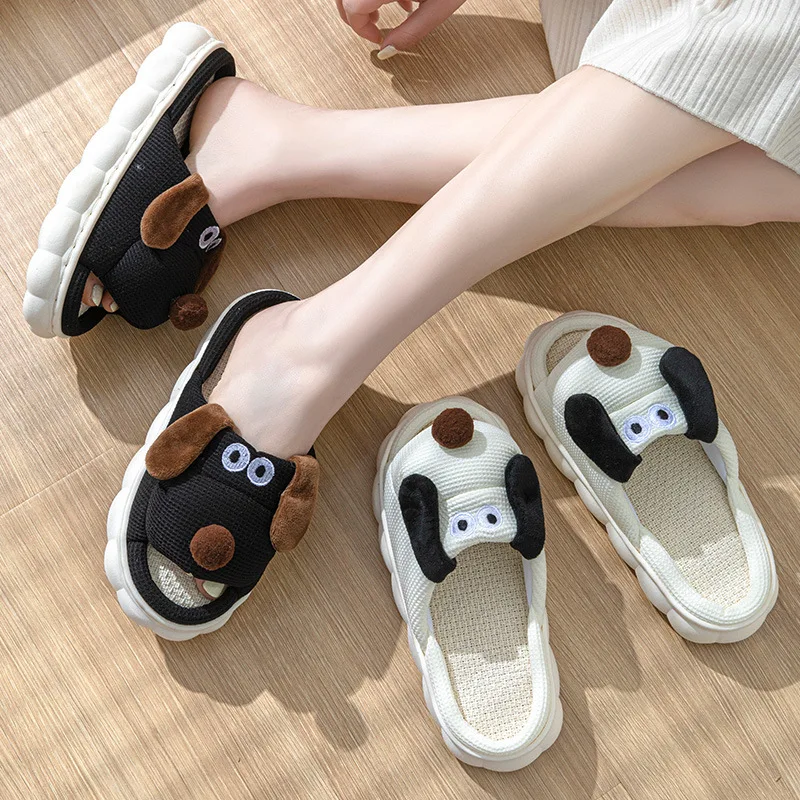 الجملة النعال النسائية أزياء السيدات الناعمة عارضة لطيف الكلب نمط تصميم مريح الإناث مريحة الكتان النعال المنزل