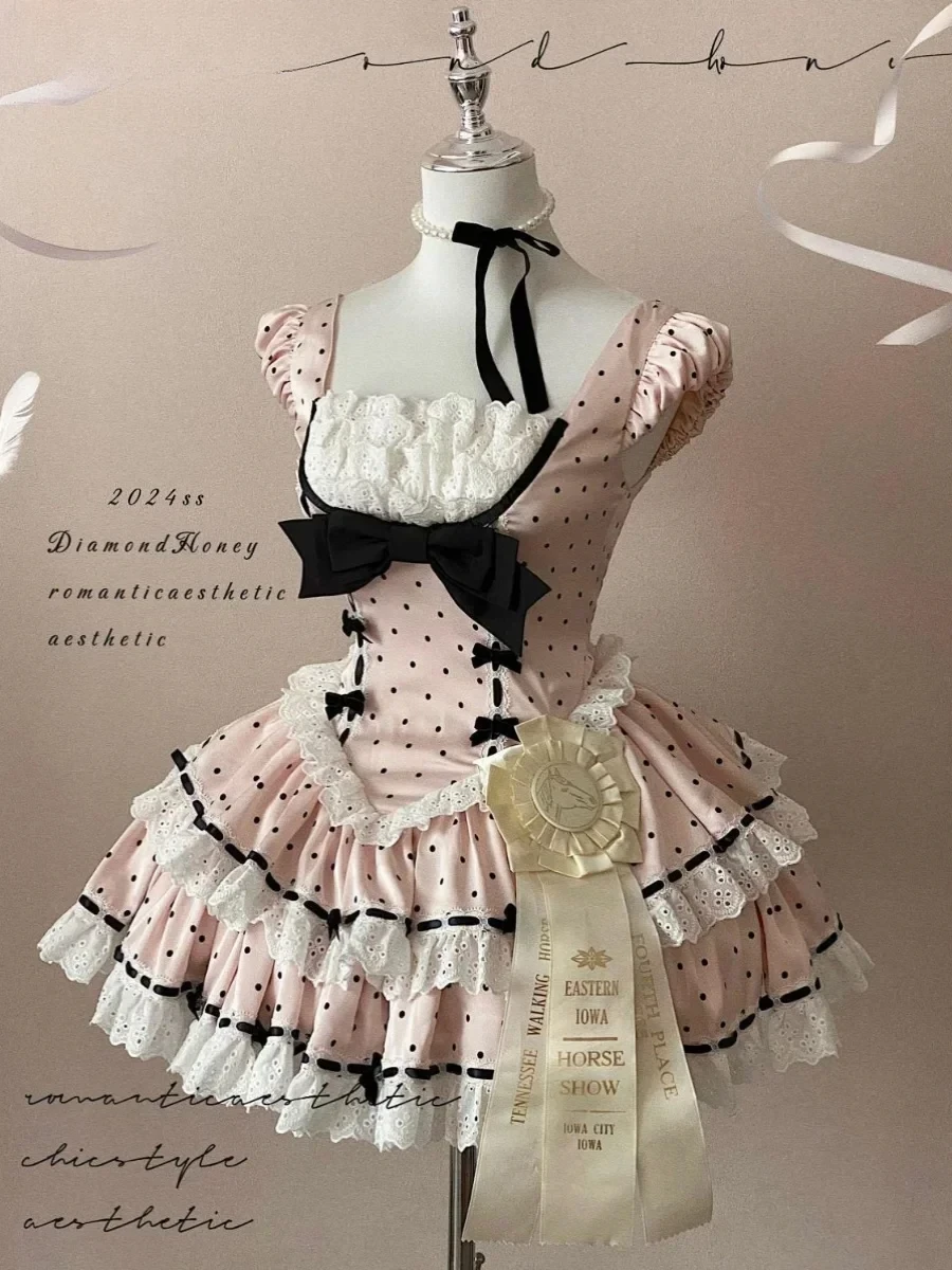 Women's Elegant Dresses Sweet Cute French Retro Girl Doll Sweetheart Pink Polka Dot Splicing Lace Bow Waist Short Dress for Lady