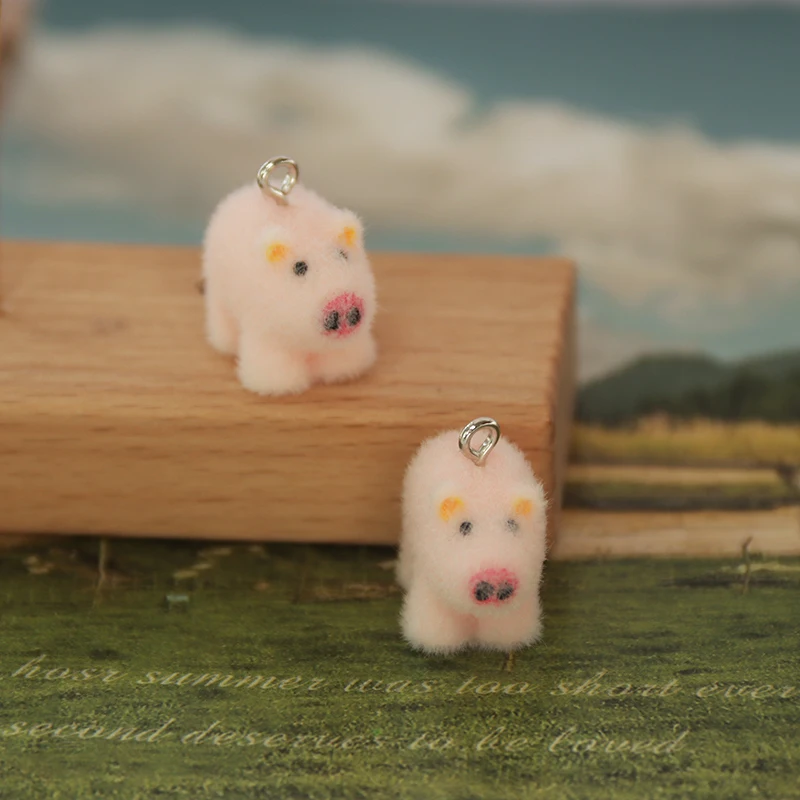 30Pcs 3D Cute Flocked Pig Charms Cartoon Animal Pig Pendant Earrings Keychains Necklace Accessories for DIY Crafts Jewelry Make