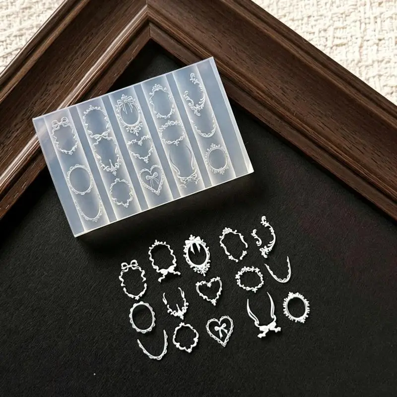 3D Lace Frame Silicone Nail Mold Heart Bow French Nail Carving Nail Template Resin Gel Nail Modeling Charms Manicure Tool