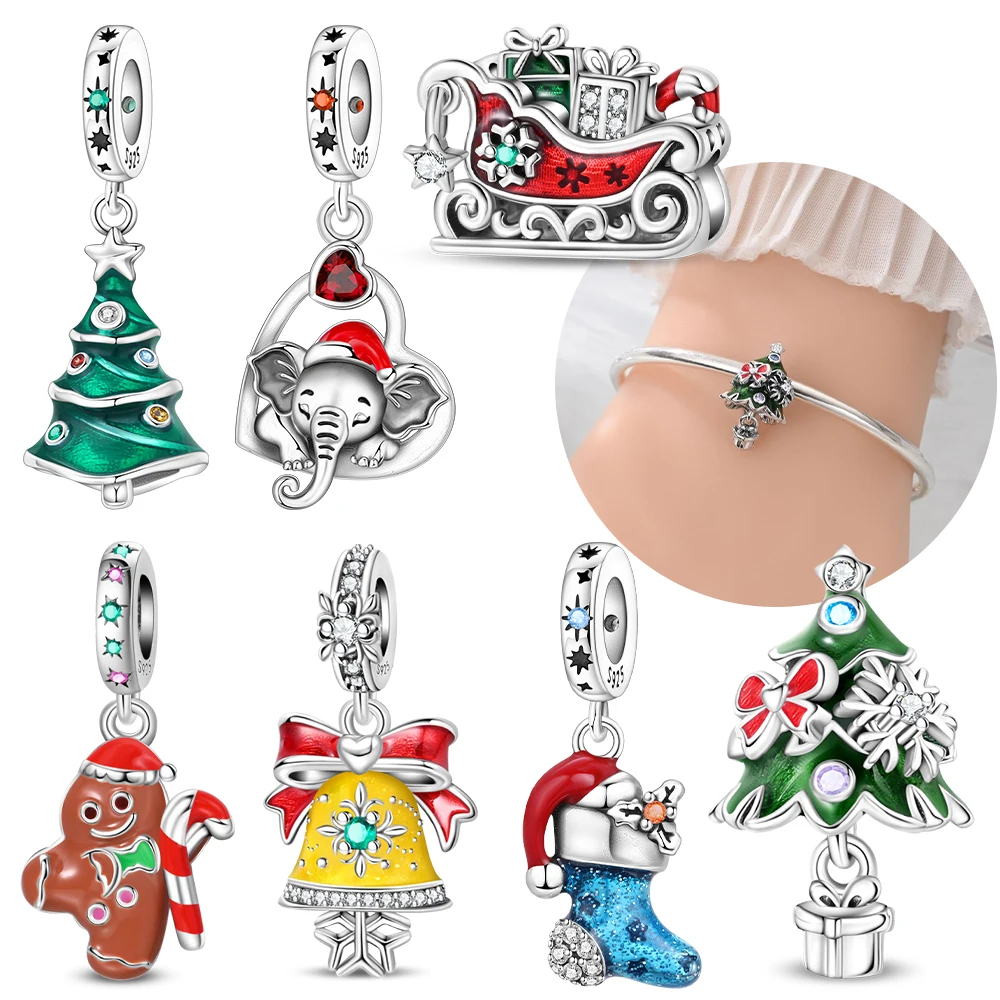 Green Christmas Tree Heart Pendant Blue Socks Original S925 Silver Beads Fit Bracelet Anniversary Fine Gift Accessory Diy