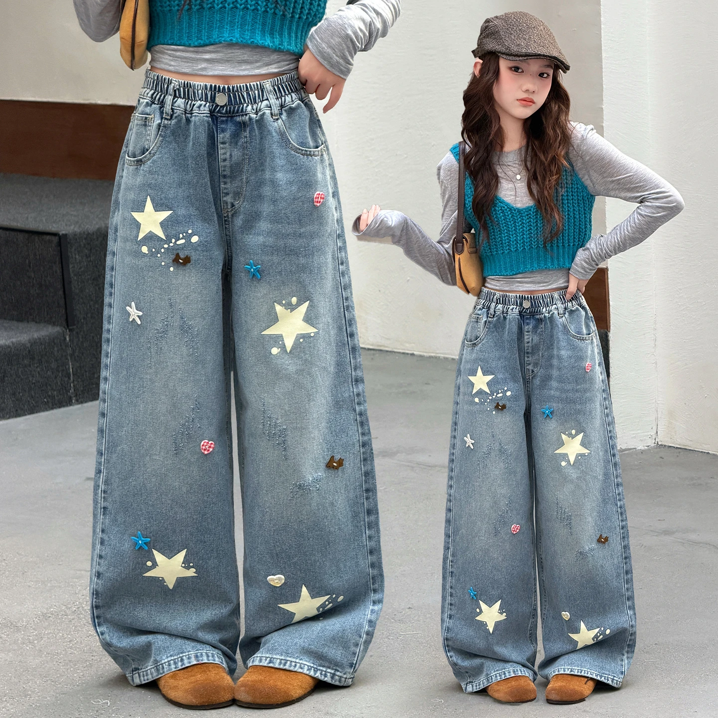 Spring Autumn New Girls Jeans Embroidery Five-pointed Star Loose Pants For 3-12 Years Teen Girls Stylish Denim Wide Leg Pants