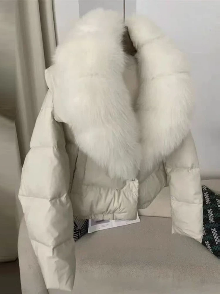 American Fashion Socialite Fox Fur Collar Short Down Jackets Elegant Single-Breasted Thick Warm Down Coats for Women Winter 2025