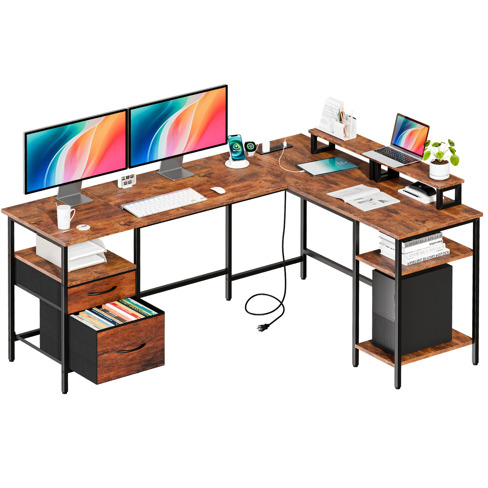 MCQ 62 Inch L Shaped Standing Office Gaming Desk with Drawers  Ergonomic Corner Gaming Desk with Dual Monitor Stands Adjustable Shelves for Home Office Use Workstation