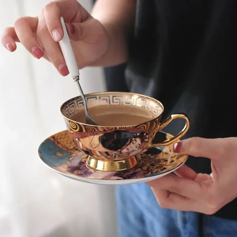 Gustav Klimt Bone China Coffee Set Klimt Judith Kiss Ceramic Tea set European Porcelain Drinkware Tea cups with Spoon