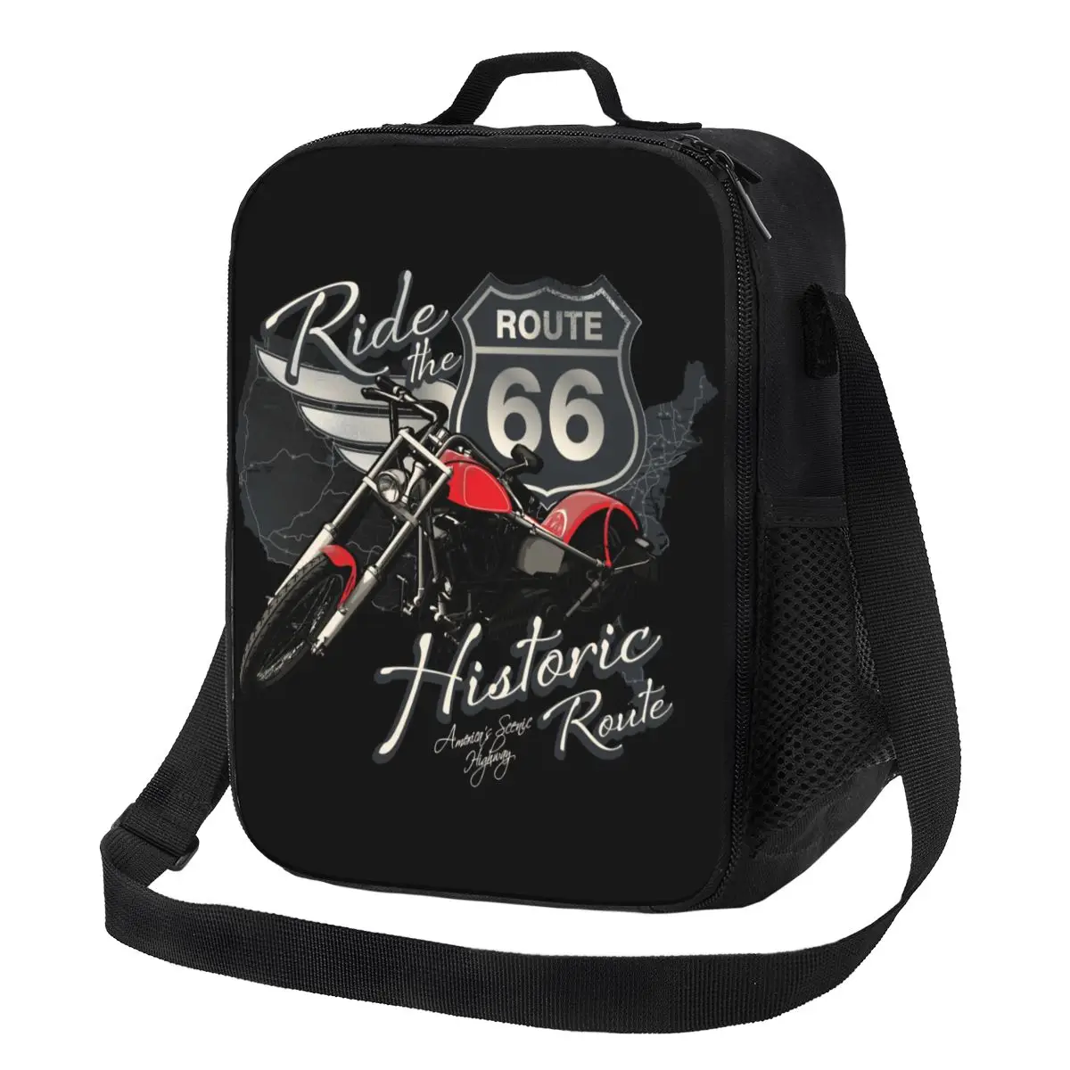 Custom Travel Motorcycle Ride The historical Route 66 Thermal Lunch Bag USA America Highway Portable Lunch Tote Bento Food Box