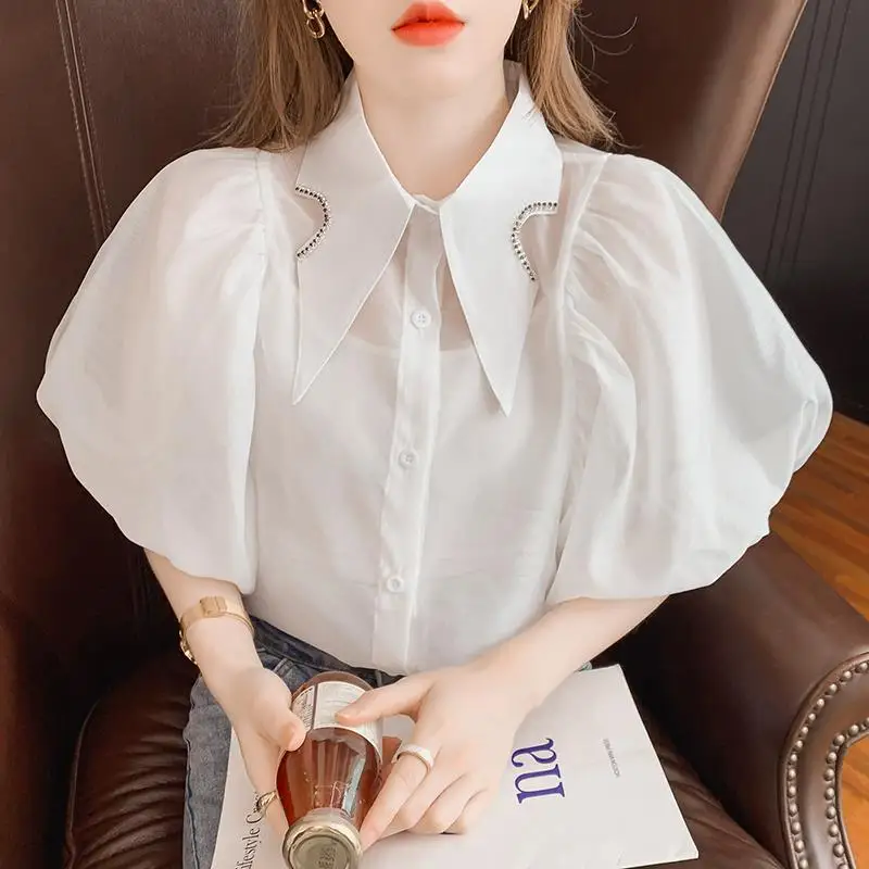 Korean Style Beads Rhinestones Pointed Collar Puff Sleeve Chiffon Shirt 2024 Summer New Fashion Short  Blouse Women Tops