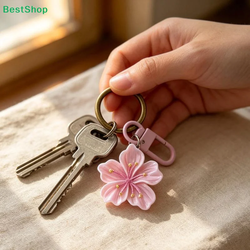 〔Q〕Simulated Key Chain Cherry Blossom Pendant Keyring Romantic Translucent Flower Cherry Blossom Keychain Pendant
