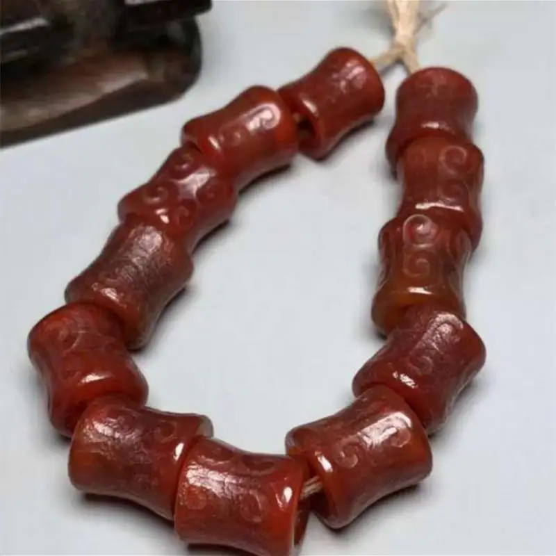 Unique Tibetan Natural Patina Old Agate Carved Ruyi Buddha Beads Bracelet