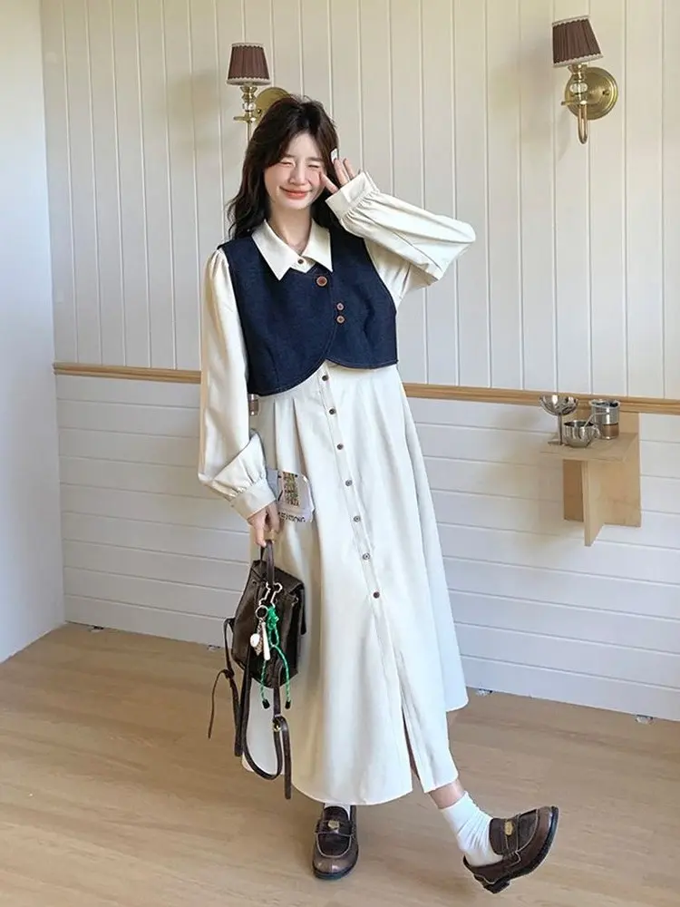 

Chic Denim Vest Dress Set Women's Spring Autumn Shirt Midi Skirt Two-Piece Suite College Sleeve Fashionable Casual Wear