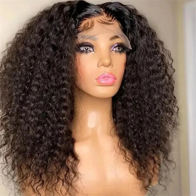 Wig renda bagian dalam 26 inci warna hitam keriting panjang untuk wanita dengan rambut palsu pakaian harian awet tanpa lem