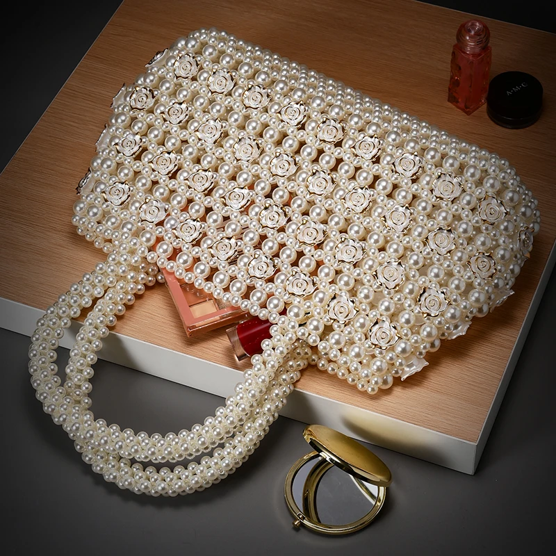 Luxurious Handcrafted Women's Woven Pearl Evening Handbag, Women's Shiny Wedding Storage Bag, Festival Birthday Women's Gift Bag