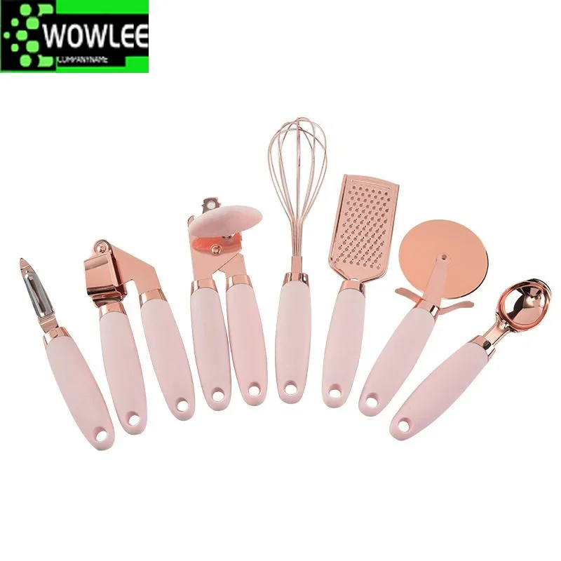 7PCS Rose Gold Garlic Press Pizza Cutter Kitchen Gadget Set Can Opener Potato Cooking High-End ware  Accessories