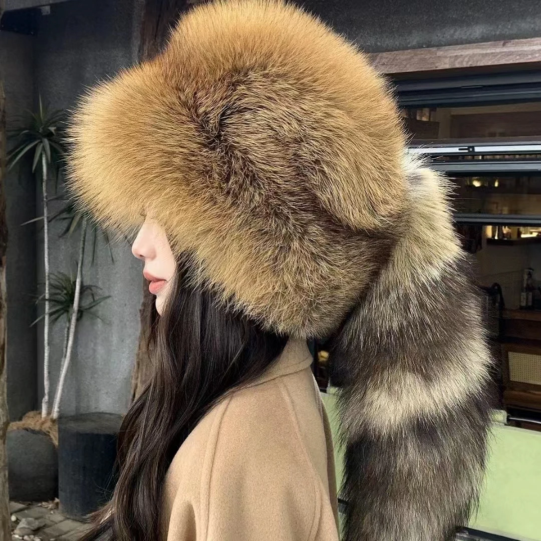 

Autumn and winter women's 100% real fur fox fur whole board fur versatile warm ear guard hat thickened brim long-tail ski hat