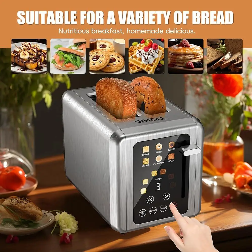 Touch Screen Toaster 2 Slice Stainless Steel Digital Timer 6 Bread Types 6 Shade Settings Extra Wide Slots Defrost Bagel Cancel