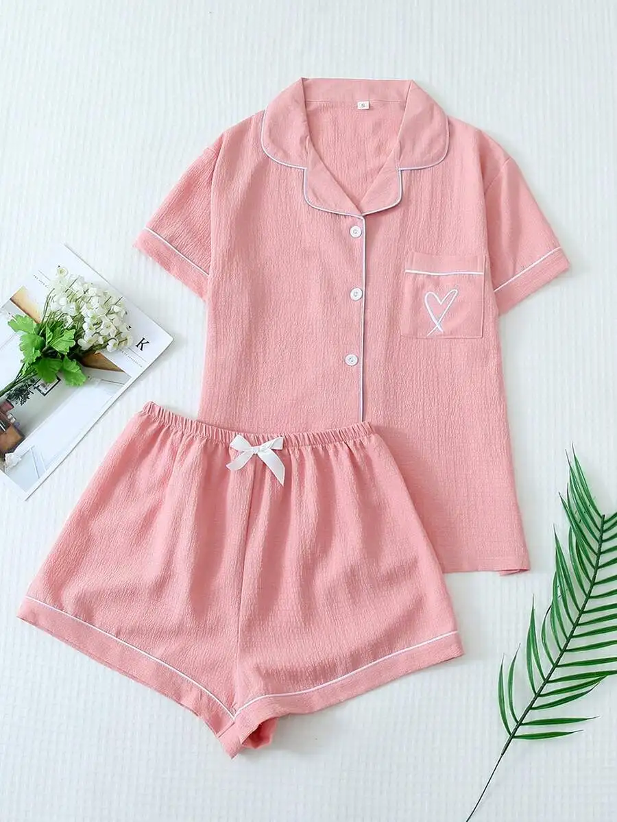 

Pink Short Sleeve Button-Up Pajama Set with Heart Embroidery Pocket and Bow Waist Shorts