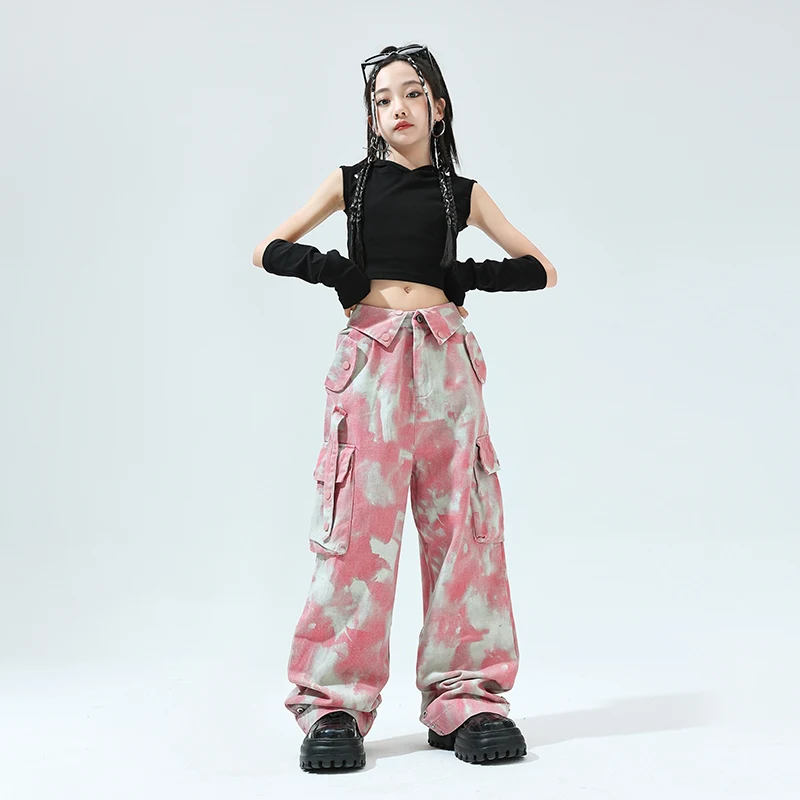 Roupas infantis Hip Hop, Crop Tops com camiseta sem mangas, Camuflagem Rosa Cargo Streetwear Calças para menina, roupas de dança jazz