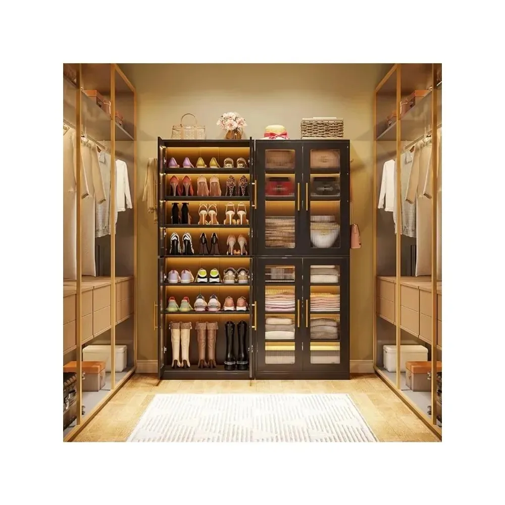 Tall Shoe Storage Cabinet with Acrylic Doors and LED Lights, 8-Tier Entryway Shoe Organizer Rack with Adjustable Shelves