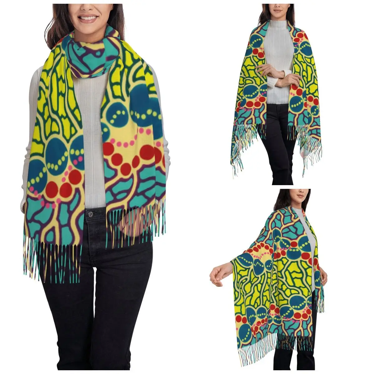 Yayoi Kusama Blue Shawl Wraps for Womens Winter Warm Single-sided Pattern Scarf Nordic Polka Pashmina Tassel Scarves