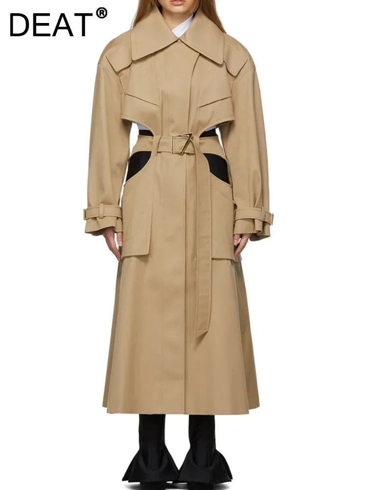 DEAT Fashion Women\'s Trench Coat Laple Belt Waist Hollow Out Deconstruct Spliced Windbreaker Female Spring 2024 New Tide 17A2730
