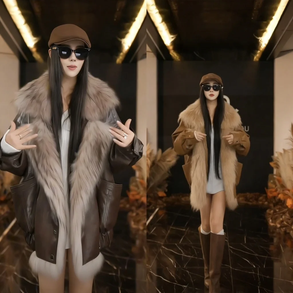 

Winter Limited Faionable Long Loose Women's Leather Jaet Coat with Fur Collar New Arrival Sli Commute Ready Long Sve