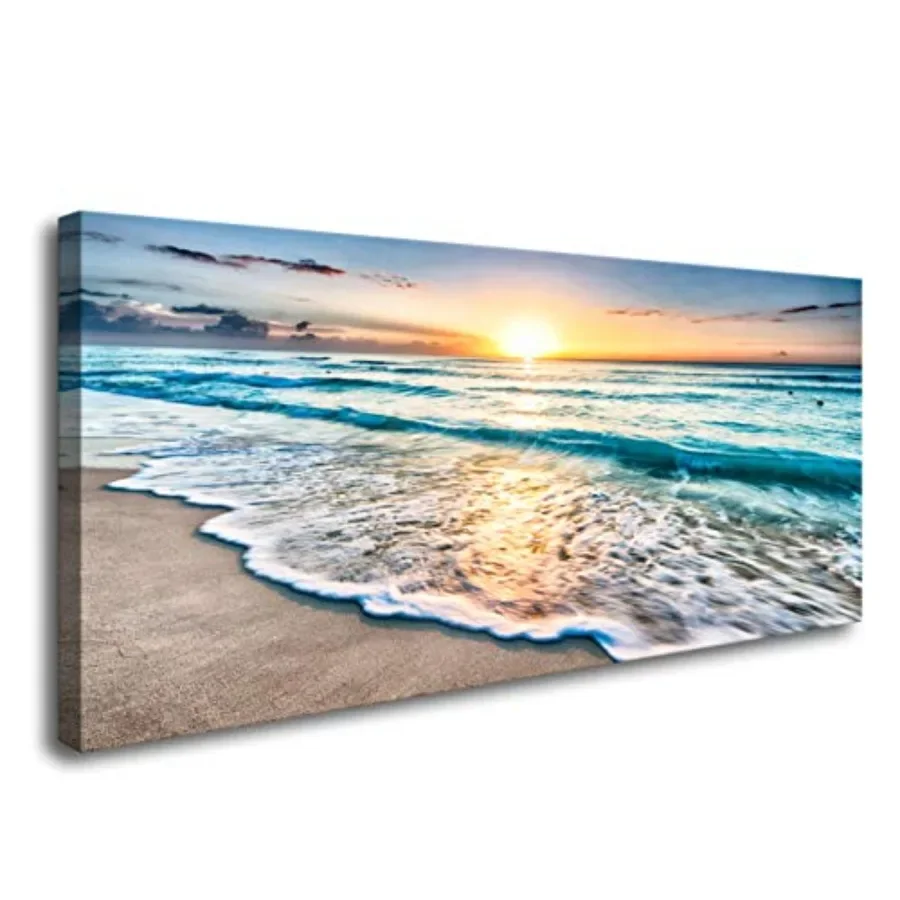 

Beach Sunset Ocean Waves Nature Canvas Prints for Living Room Bedroom Office: Stretched Canvas Wooden Framed, Warm Orange-Blue