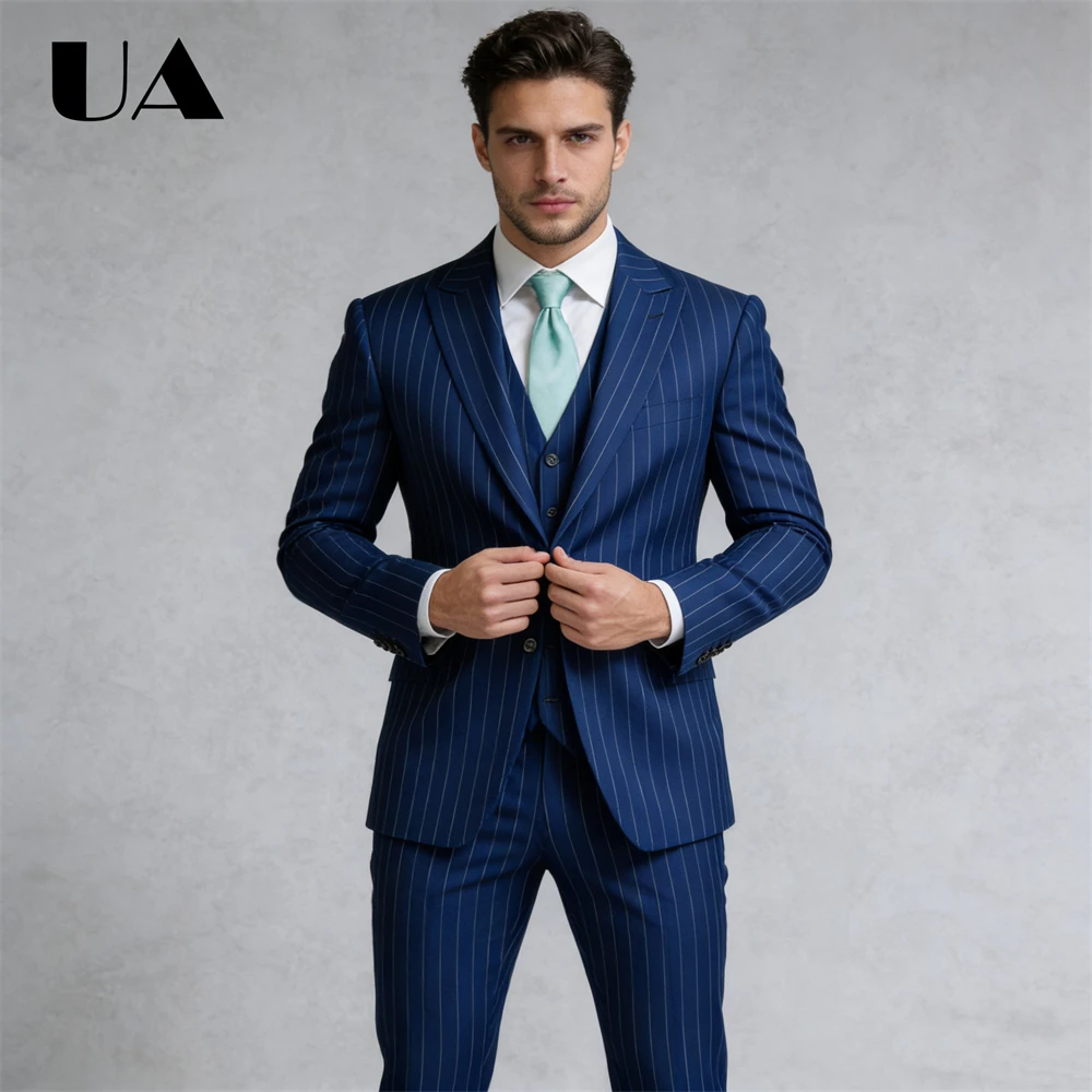 Business 3-Piece Suit Set, Navy Striped Formal Suit (Jacket Pants Vest) XXS-7XL Tuxedo Blazer Trouser Prom Suit Attire
