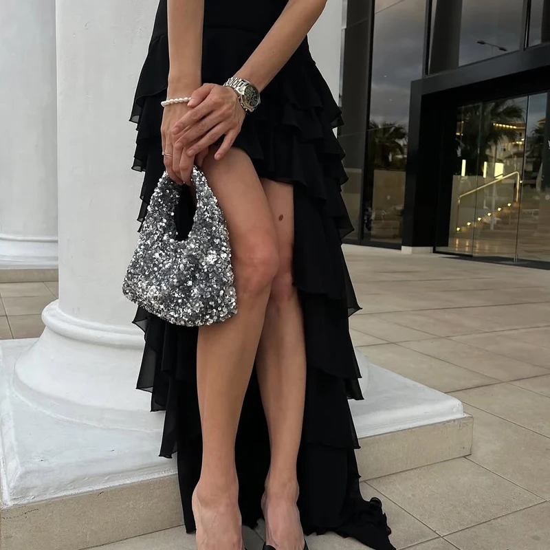 Abito da donna Abiti lunghi da sera a pieghe 2025 Corsetto senza schienale senza maniche Abito asimmetrico in tulle con volant a strati