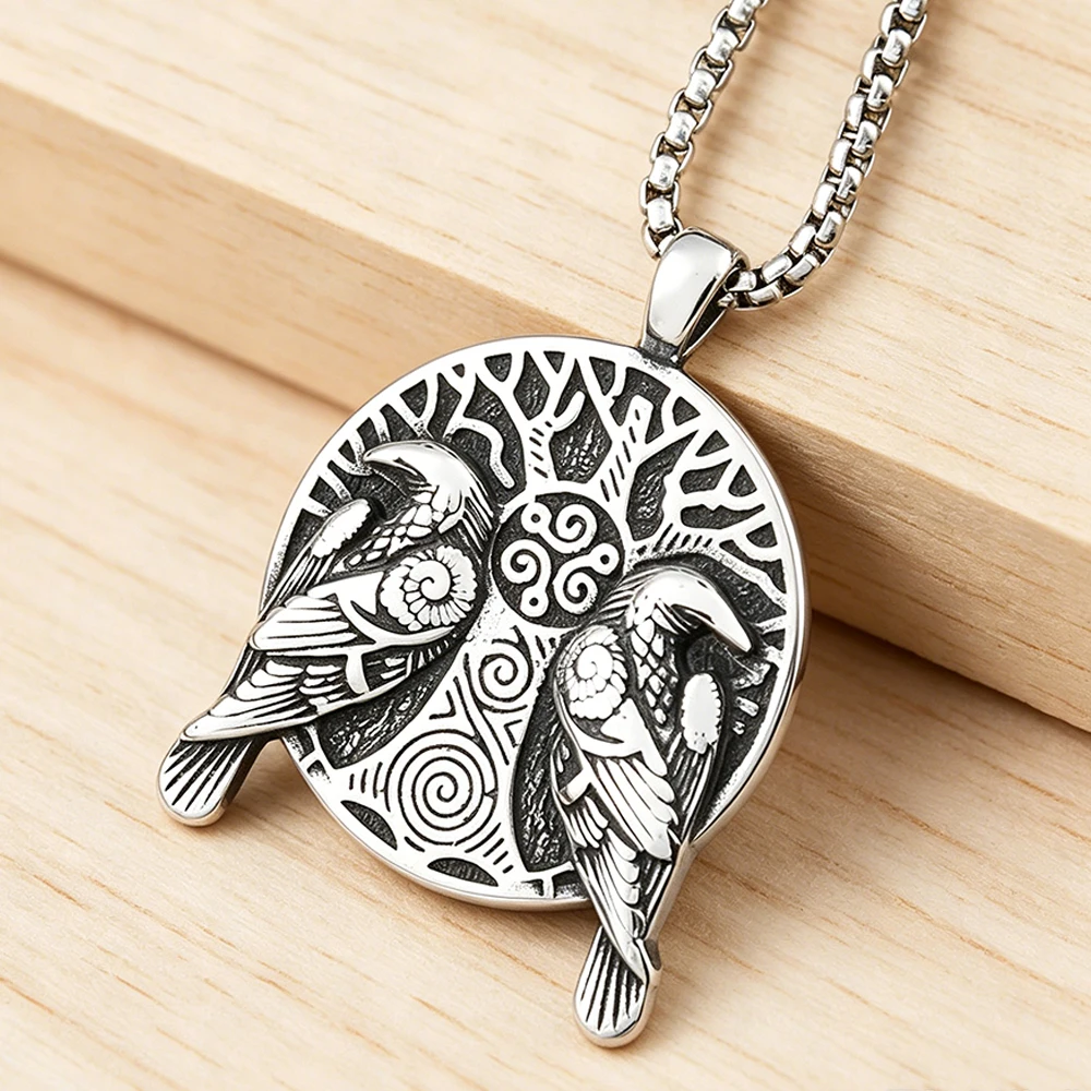 Stainless Steel Viking Odin Double Raven Pendant Necklace Vintage Tree of Life Men Amulet Jewelry Gift Wholesale Dropshipping