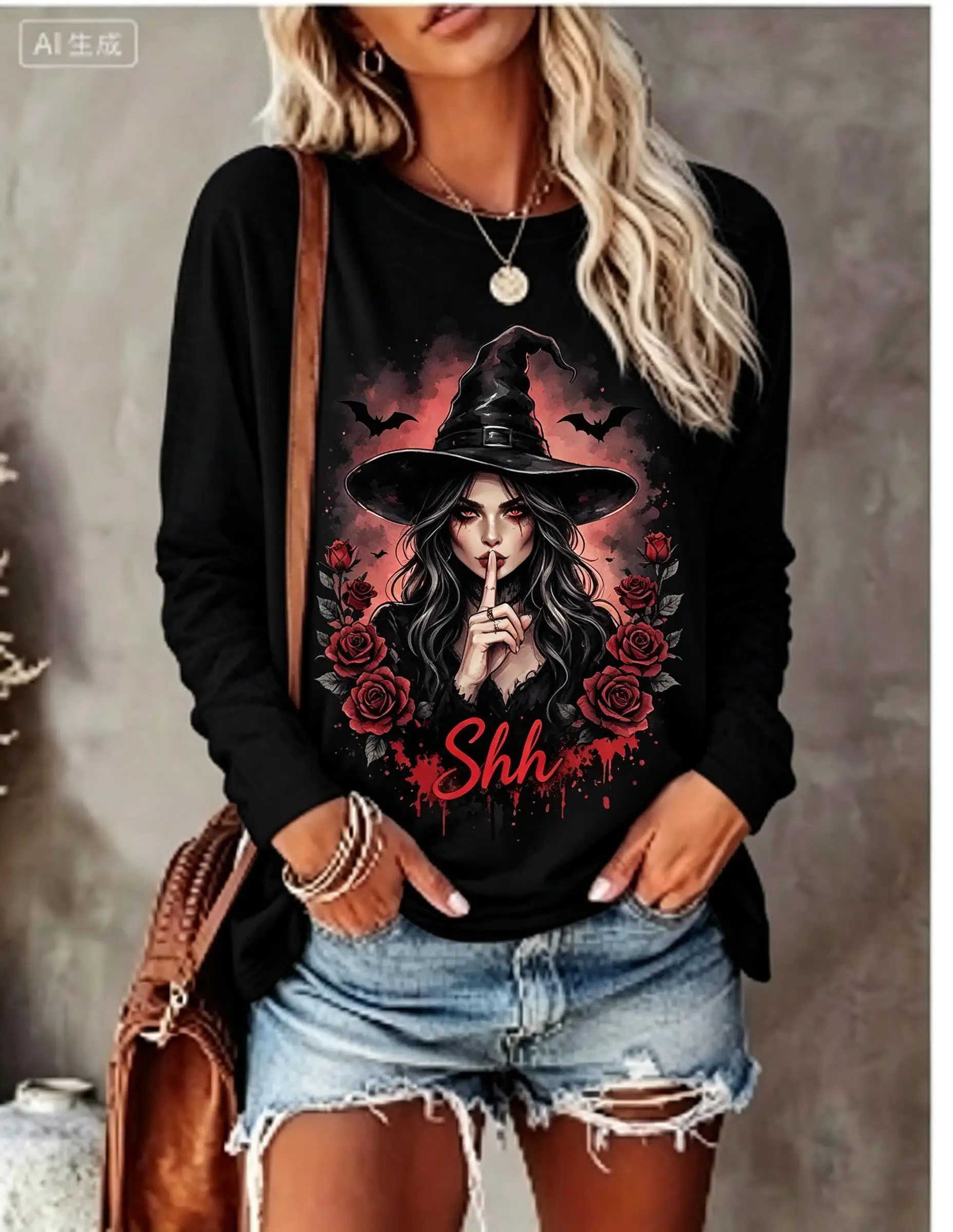 Women Halloween Long Sleeve T‑Shirt Shh Letter Purple Witch Bat Gothic Print Crew Neck Fall Tops