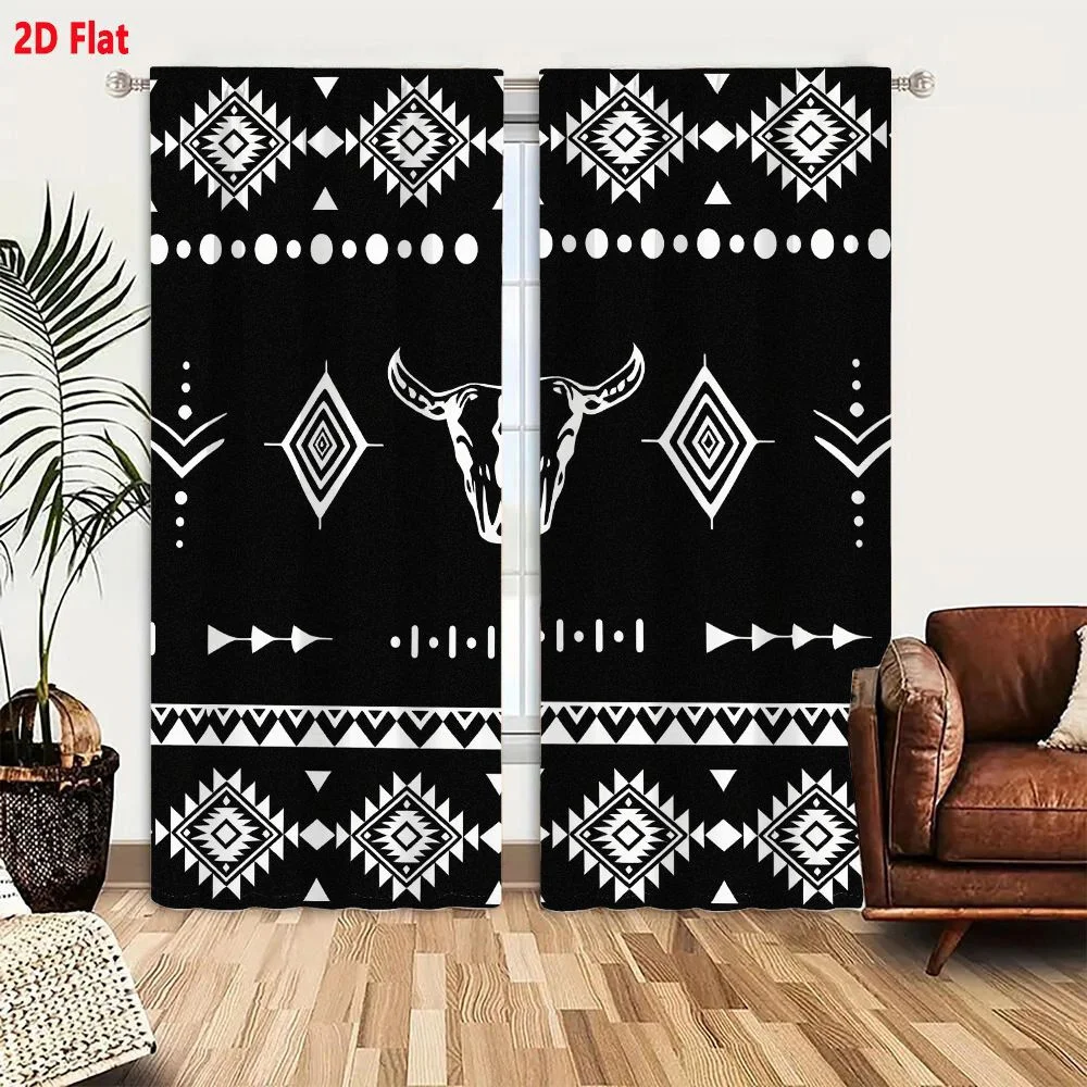 2Pcs Curtains 2D Flat Black And White Native American Style Geometric Pattern With Bull Skull And Traditional Motifs Window Drap