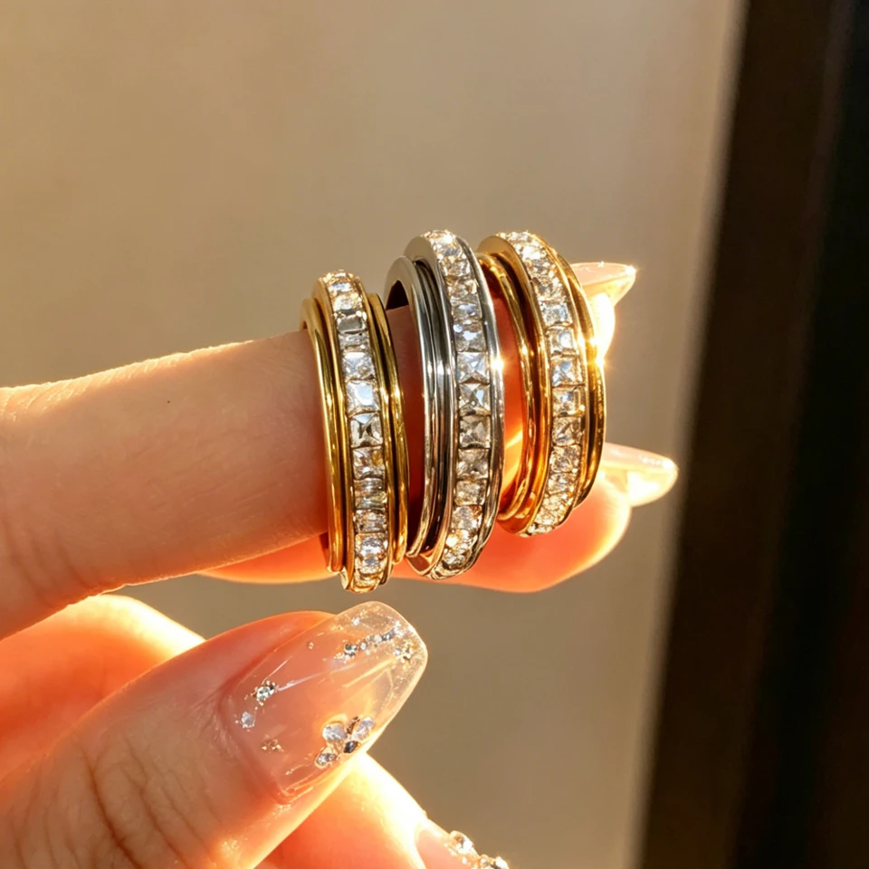Yupsk 3 Colors Stainless Steel Square Zirconia Spinner Rings Anxiety Relief Fidget Rings For Women Men Jewelry Gift