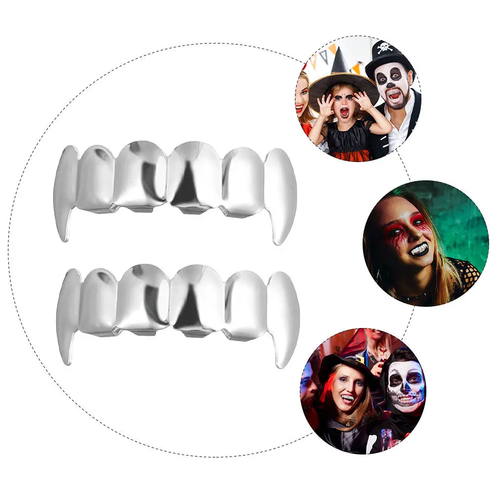 2Pcs Premium Copper Halloween Teeth Decorations Scary Accessory for Pranks Parties Lifelike Fake Fangs Silver Plated Teeth