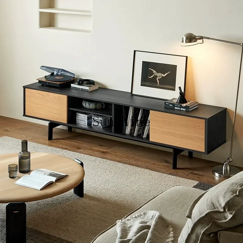 Nordic wabi-sandy wind solid wood retro, TV, black design, audio-visual cabinet