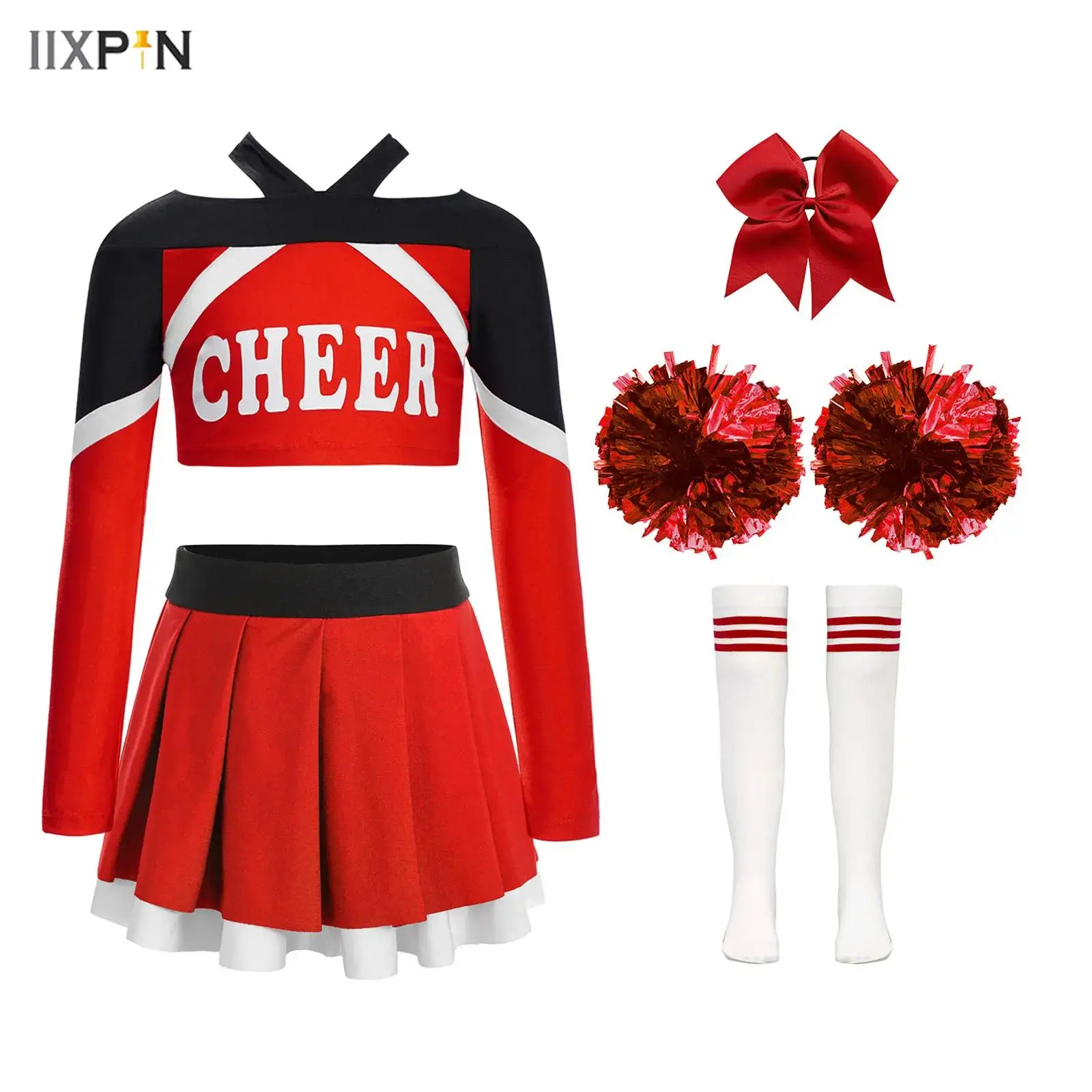 

Girls Cheerleading Performance Outfit Long Sleeve Letter Print Color Block Crop Top+Pleated Skirt+Headwear+Flower Balls+Socks