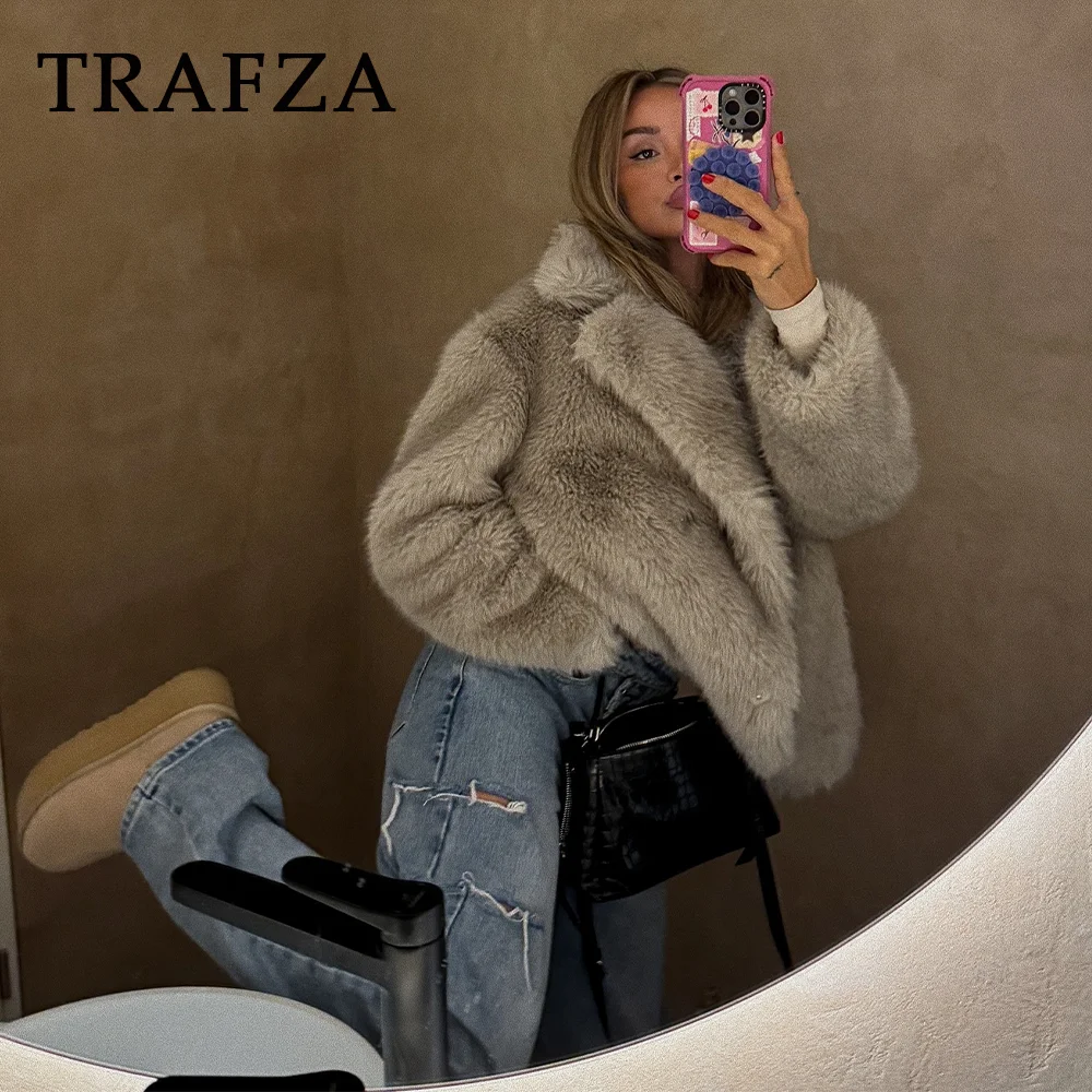 TRAFZA 2024 Autumn Winter Women Casual Thick Jackets Fashion Streetwear Elegant Solid Loose Turn Down Collar Chic Ladies Coats